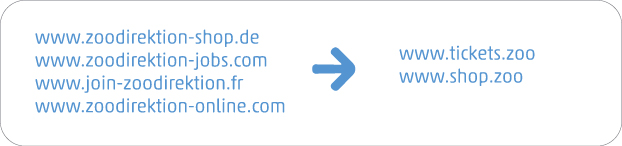 Grafik zur Nutzung einer Domain: Einheitliche Kommunikationsstruktur durch Verwendung einer Subdomain wie www.tickets.company oder www.shop.company