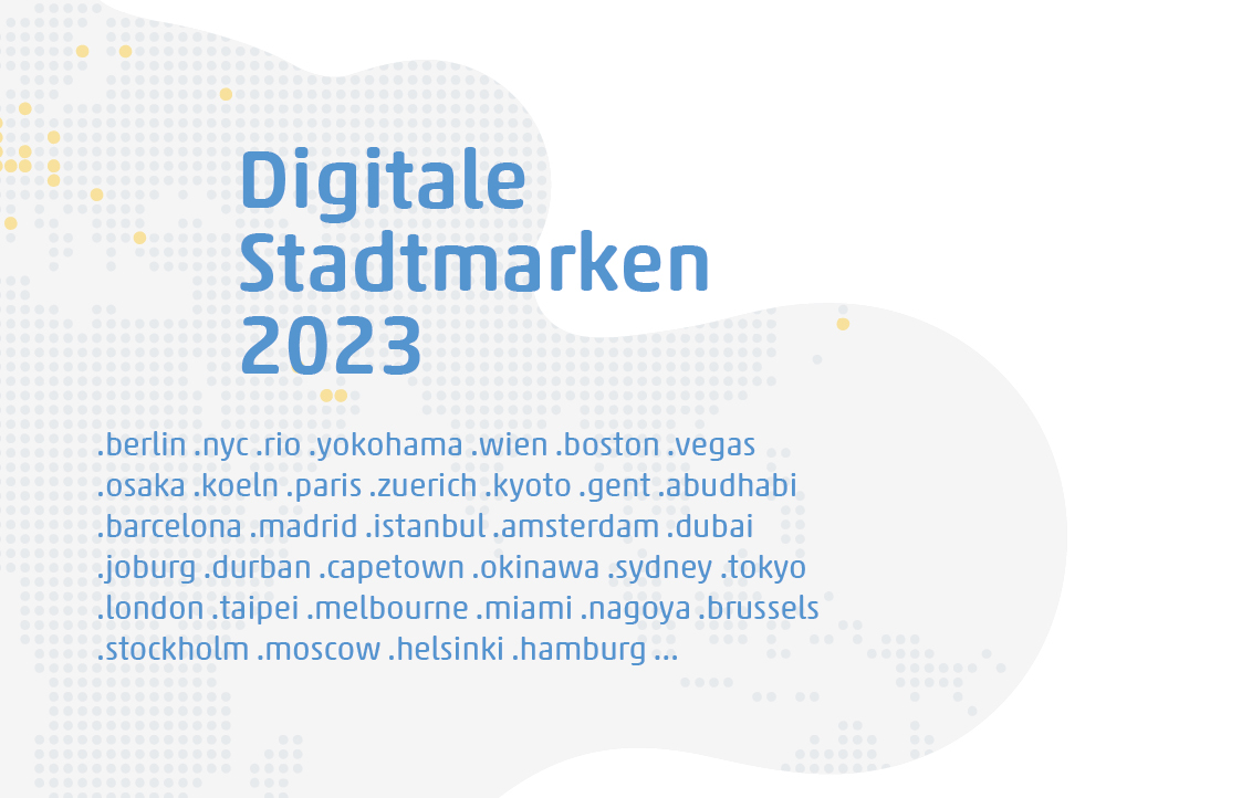 Cover der DOTZON Studie Digitale Stadtmarken 2023 mit Übersicht der CityTLDs wie .berlin, .nyc, .tokyo und .hamburg