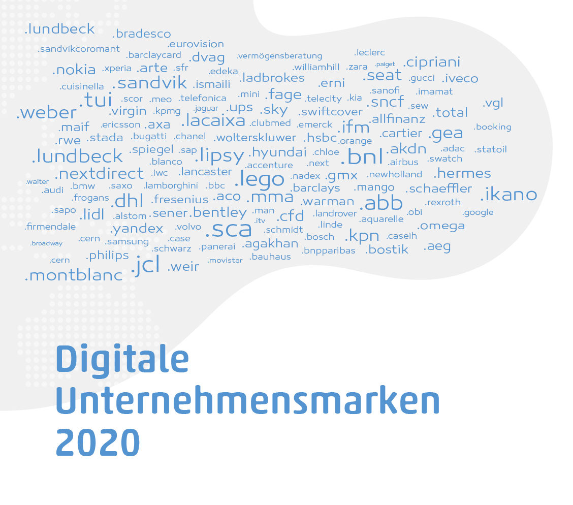 Cover der DOTZON Studie Digitale Unternehmensmarken 2020 mit Übersicht der dotbrandTLDs wie .audi, .schwarz, .dvag und .google