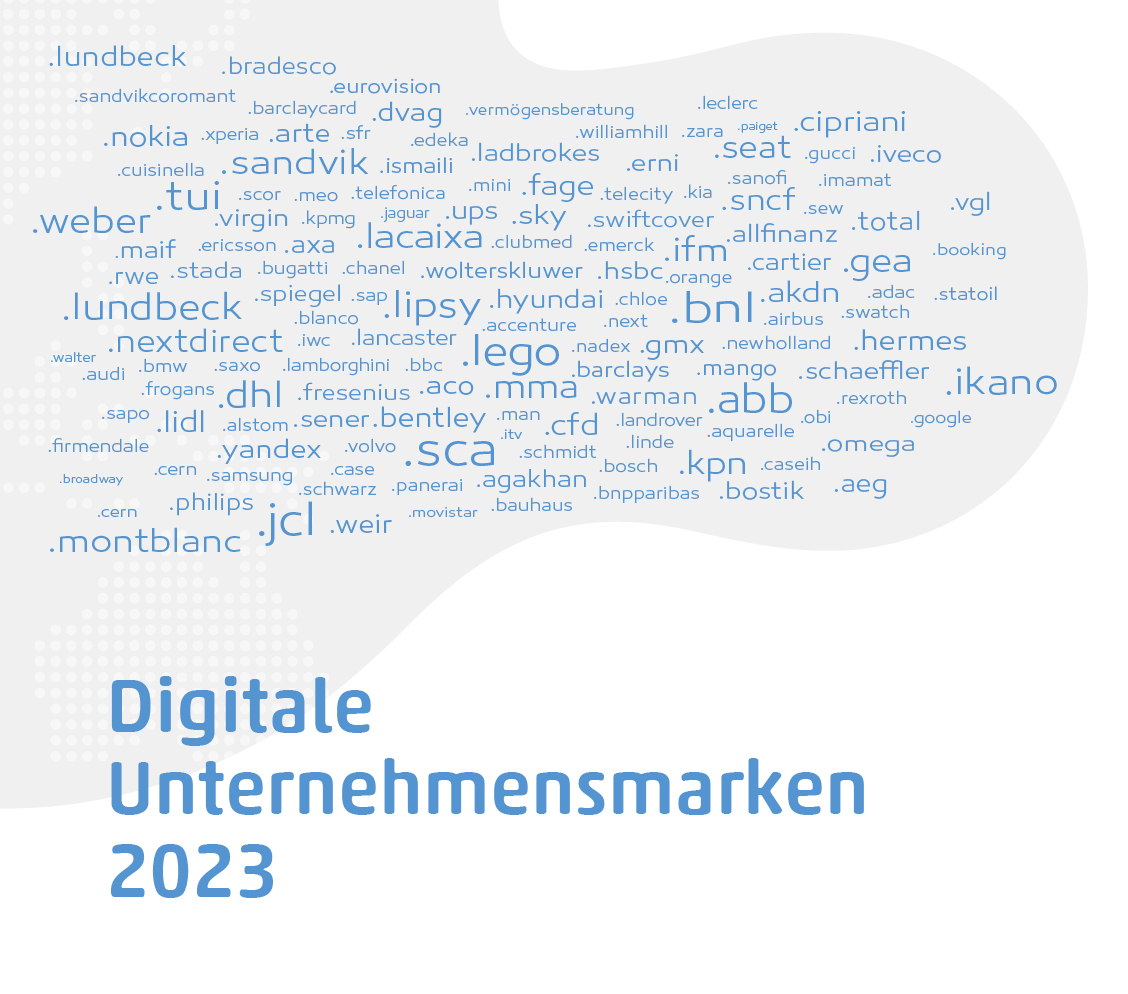 Cover der DOTZON Studie Digitale Unternehmensmarken 2023 mit Übersicht der dotbrandTLDs wie .audi, .schwarz, .dvag und .google