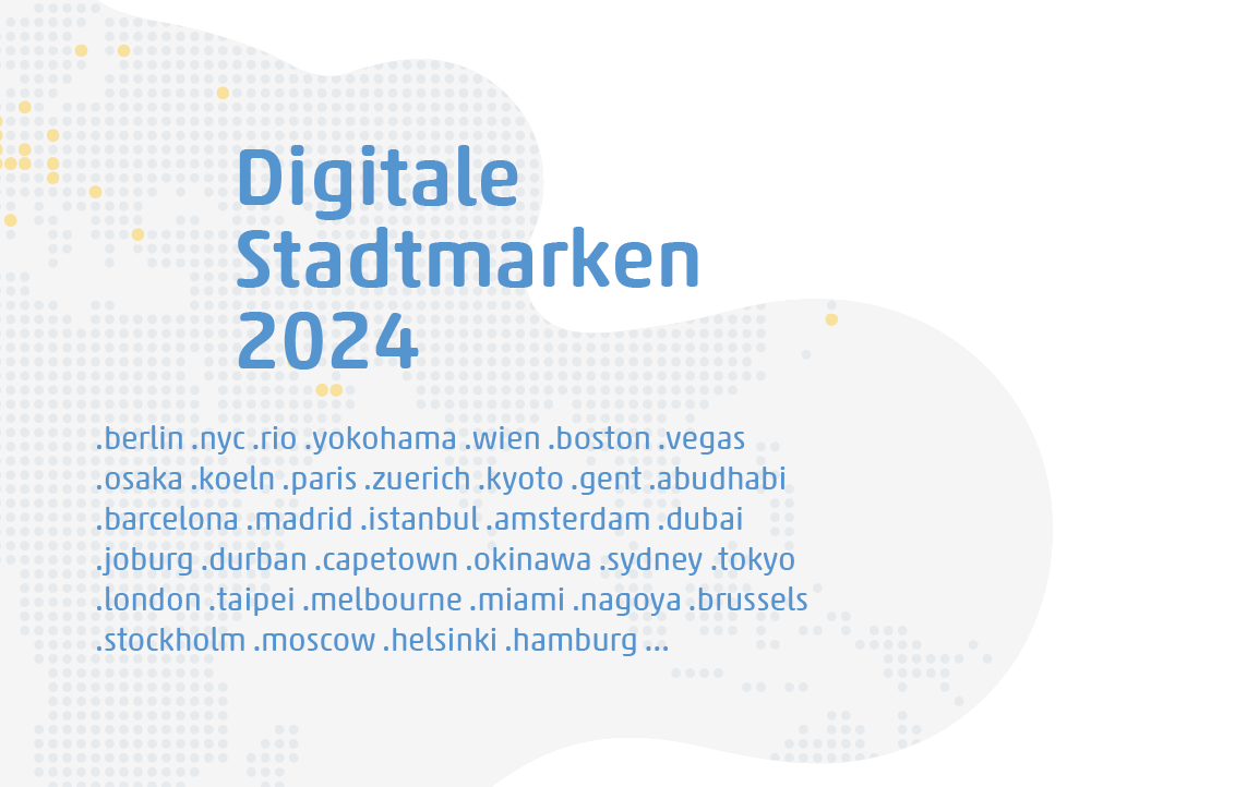 Cover der DOTZON Studie Digitale Stadtmarken 2024 mit Übersicht der CityTLDs wie .berlin, .nyc, .tokyo und .hamburg